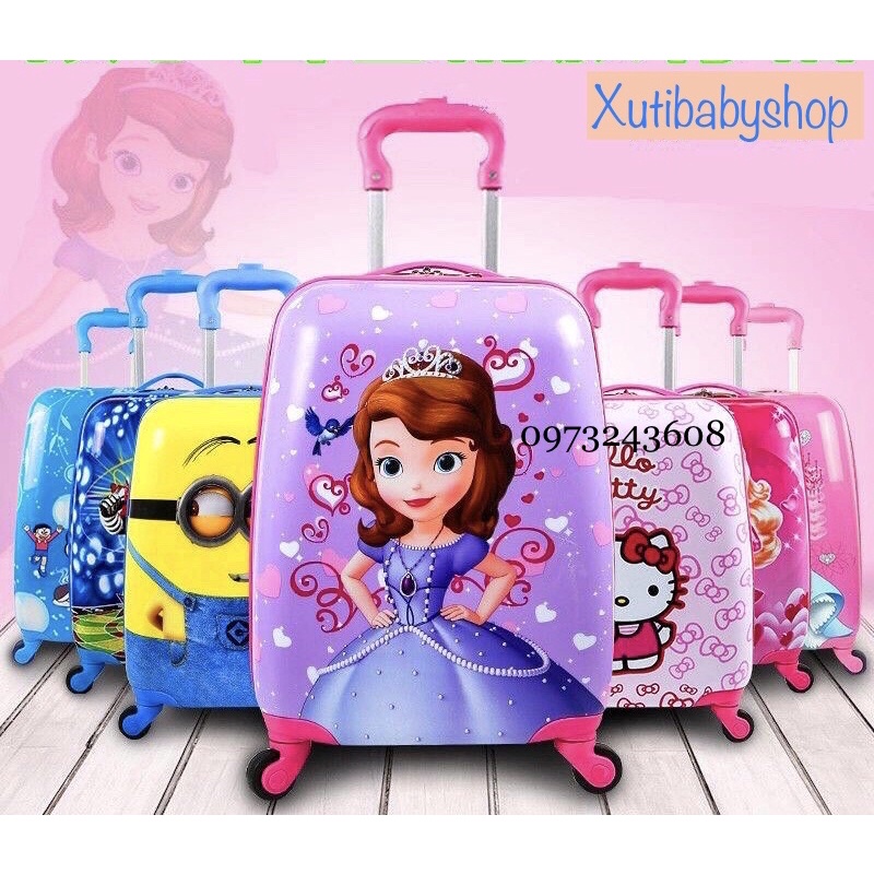 Vali kéo in 2 mặt cho bé hình công chúa thỏ,Chibi đáng yêu, vali công chúa, elsa, kitty, doremon, nhện, pepa, minion