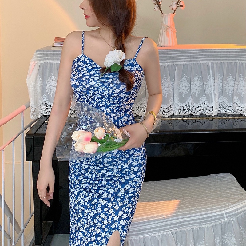 Đầm Hai Dây Dáng Ôm Xẻ Tà Họa Tiết Hoa Thời Trang Mùa Hè Hàn Quốc Quyến Rũ Cho Nữ
