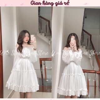 Váy voan trắng trễ vai nàng thơ 3 tầng bèo nhún kèm dây nơ thắt cổ Đầm váy dự tiệc, hẹn hò tiểu thư