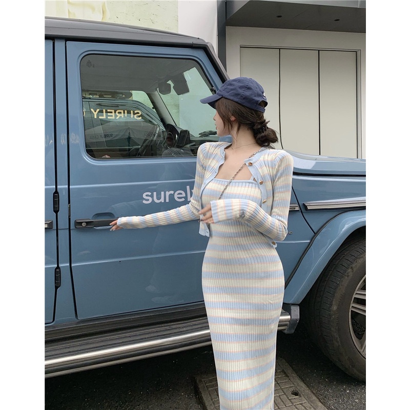 Áo khoác/ Đầm SUXI dài kẻ sọc ôm dáng thời trang cho nữ