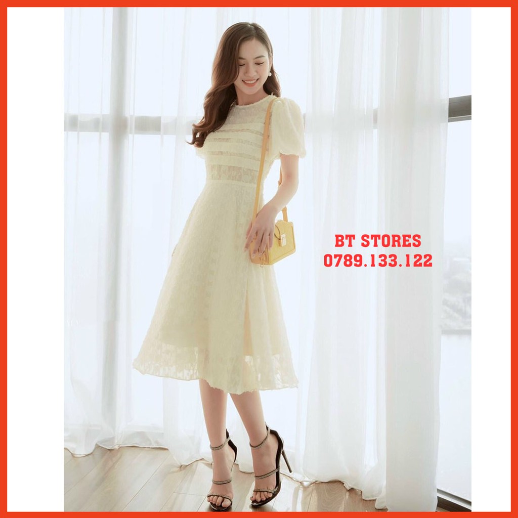 Đầm dự tiệc ⚡FREESHIP⚡ tay phồng xếp ly ngực lông vũ