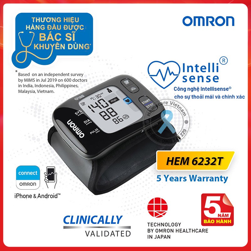 Máy đo huyết áp cổ tay OMRON HEM-6232T, bảo hành 5 năm, thiết kế siêu nhỏ gọn, kết nối bluetooch