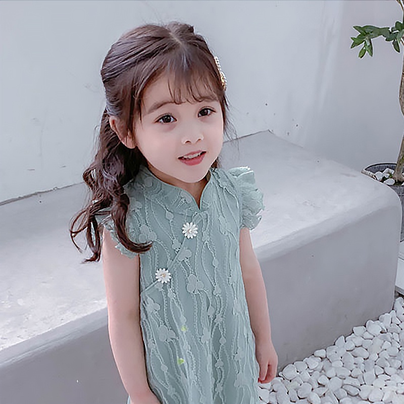 Đầm Sườn Xám Phối Ren Xinh Xắn Cho Bé Gái