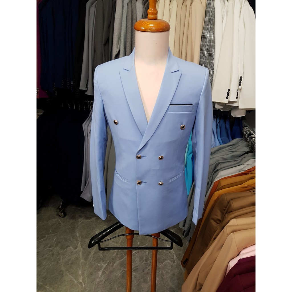 Áo vest nam màu xanh da trời chất liệu vải dày mịn kiểu 6 cúc