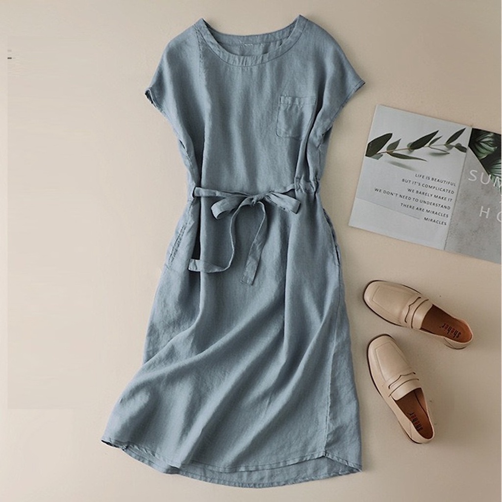 Đầm suông linen tay hết rút eo trẻ trung, thời trang phong cách Nhật Bản
