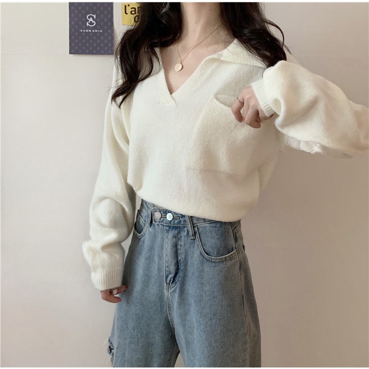 Áo sweater dệt kim tay dài phong cách retro thanh lịch cho nữ 37748