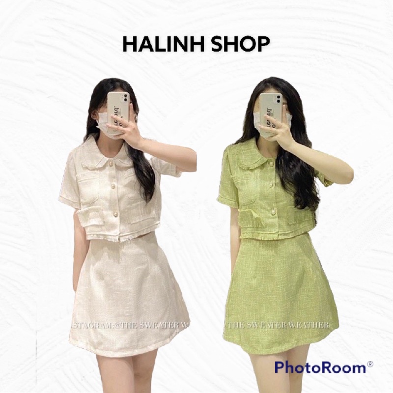 Sét dạ TWEED nữ cúc ngọc cổ sen trắng xanh - Halinh Shop , quần váy lót trong đủ size s m l