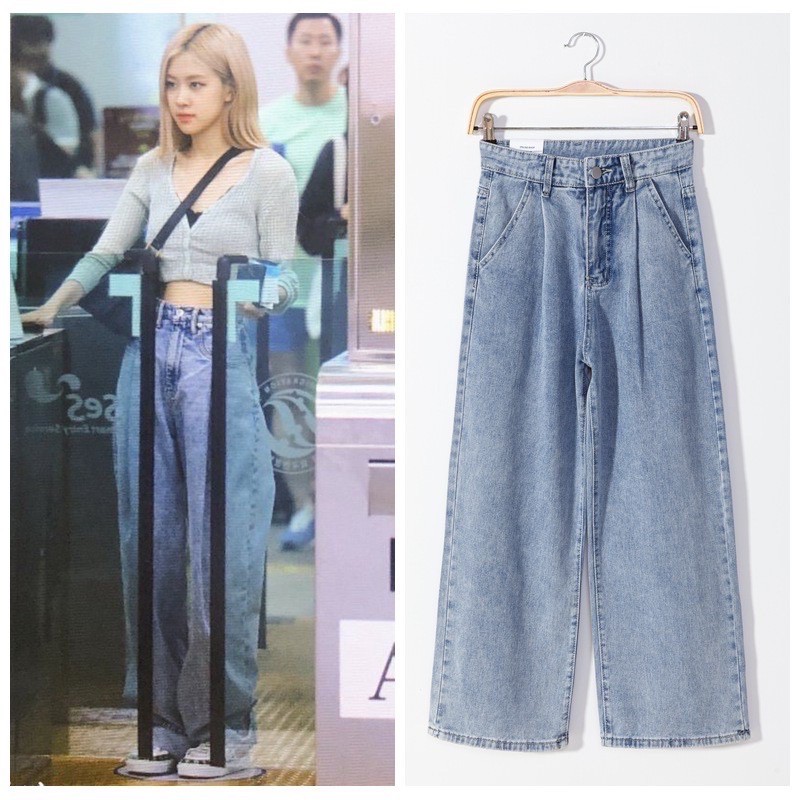 Quần jeans xanh ống rộng xanh nhạt giống Rosé BLACKPINK