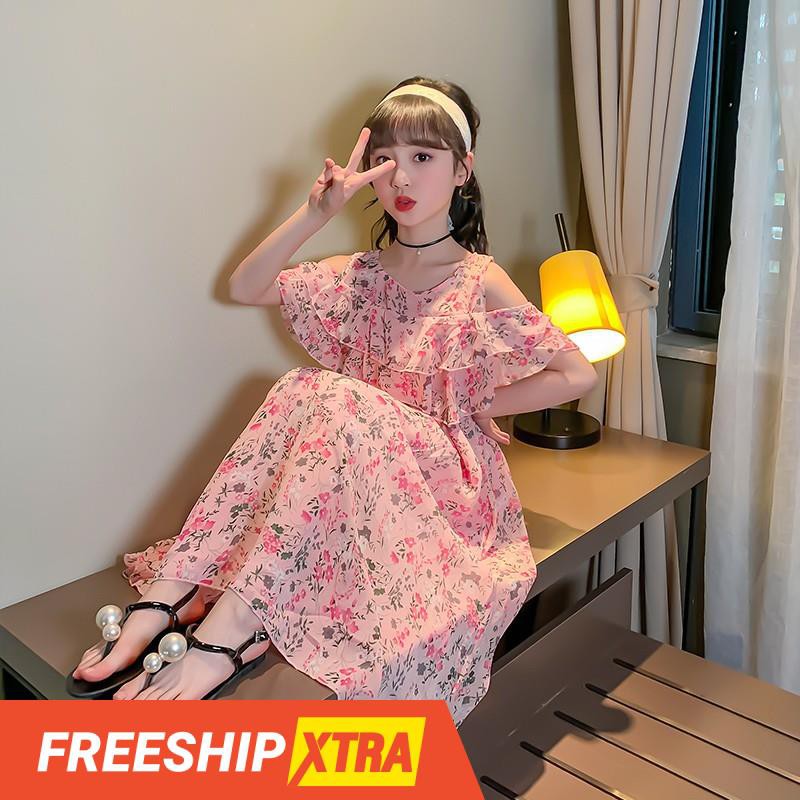 Đầm bé gái voan hoa MÃ 102 nhí trễ vai phối bèo xinh xắn