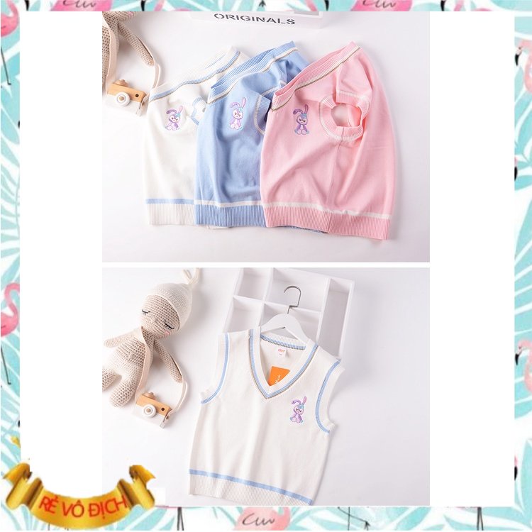 Áo gile len cho bé gái size đại 7-14 tuổi cổ tim viền kẻ thêu thỏ, Gile len trẻ em đanh sợi không bai xù