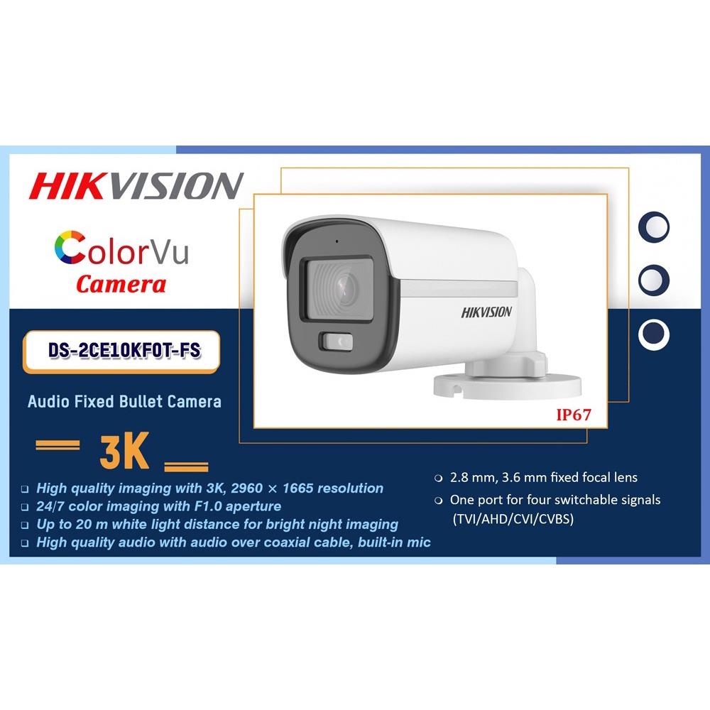 Camera HIKVISION 5MP/3K Có Màu Ban Đêm DS-2CE10KF0T-FS đèn trợ sáng 20m tích hợp mic vỏ kim loại