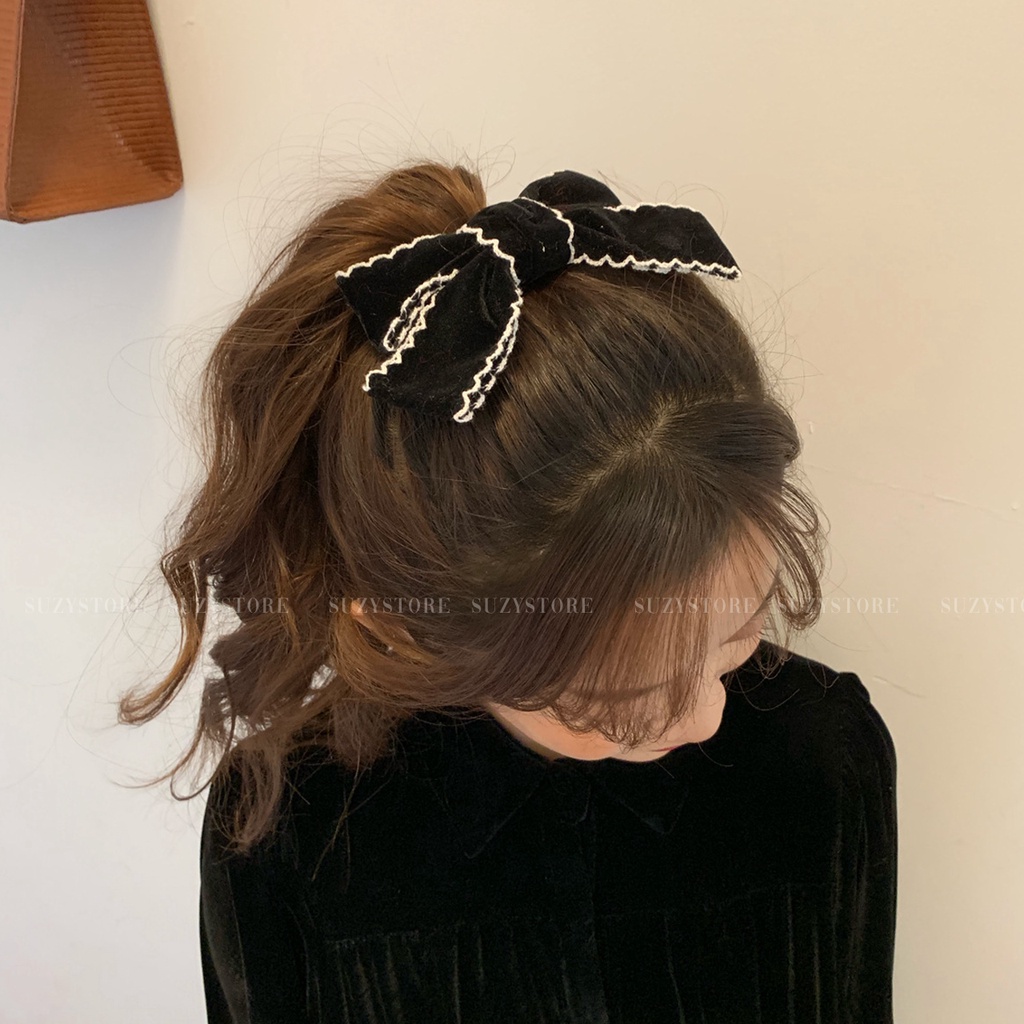 Kẹp Tóc nơ hàn quốc vải nhung Đính Nơ Xinh Xắn viền trắng suzystore [ CÓ QUÀ TẶNG ] Phong Cách Hàn Quốc
