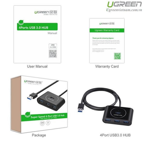 Bộ chia USB 3.0 ra 4 cổng dài 0.3m - Hub USB 3.0 Ugreen 20290-20291