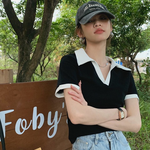 Áo polo Ngắn Tay Phối Màu Tương Phản Thời Trang Mùa Hè Hàn Quốc Cho Nữ