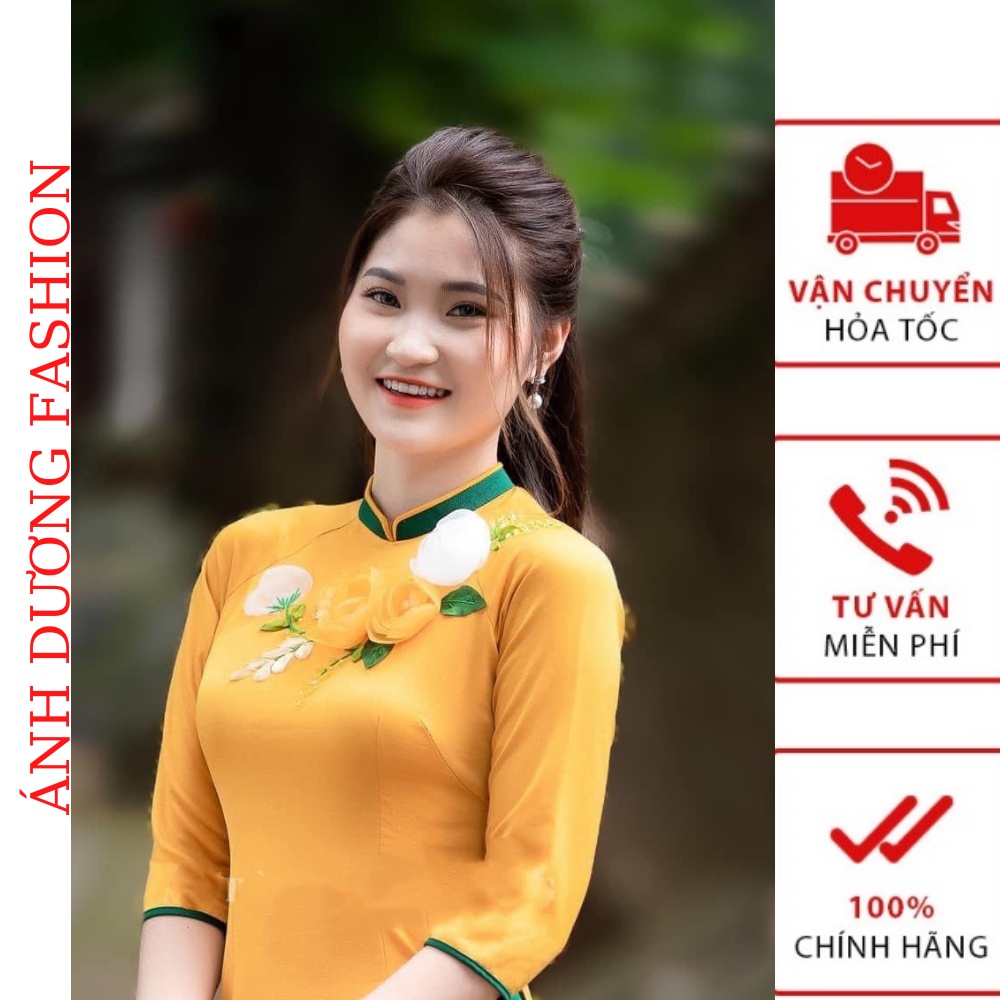 Áo Dài Màu Vàng Kết Hoa Ruy Băng, may cách điệu né cổ nổi bật, trẻ trung, vải lụa tây thi co giãn thấm hút mồ hôi -AD02