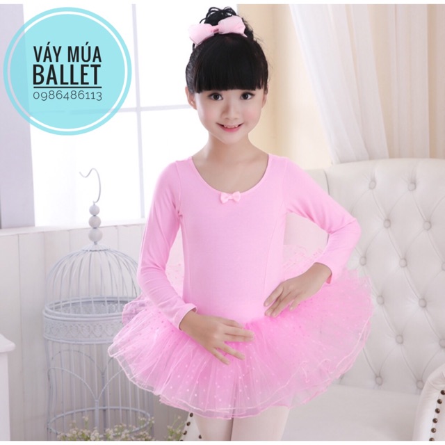 Váy múa ballet basic dài tay hồng