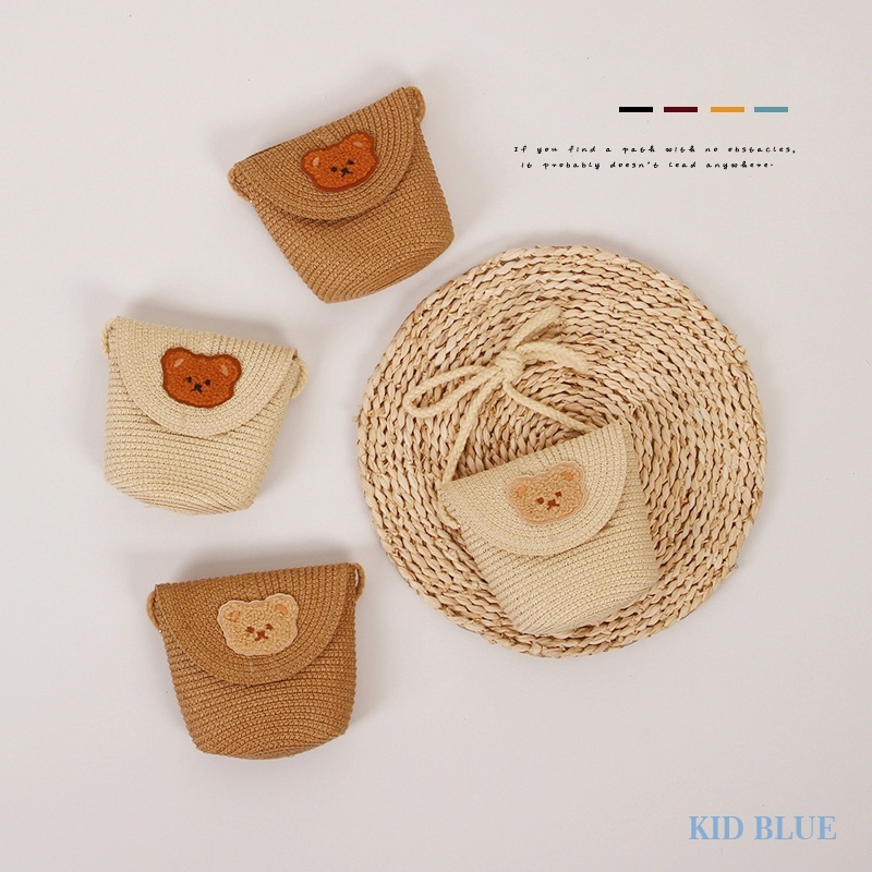 Túi Đeo Chéo Đan Cói Nắp Lật Hình Gấu Hoạt Hình Phong Cách Hàn Quốc Thời Trang Mùa Hè Dành Cho Bé Trai Bé Gái