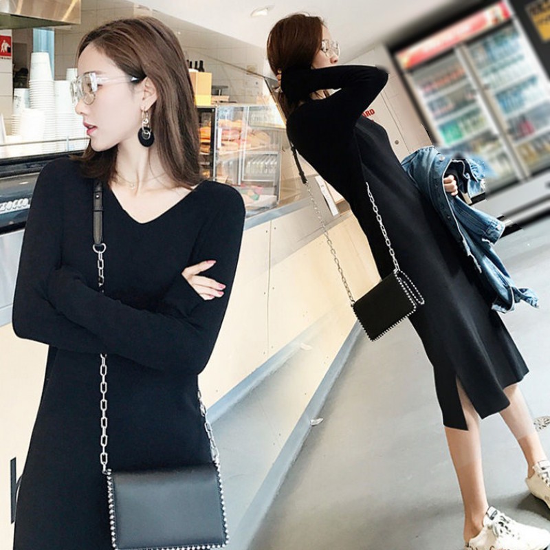Đầm nữ dáng dài tay dài cổ chữ V thời trang quyến rũ