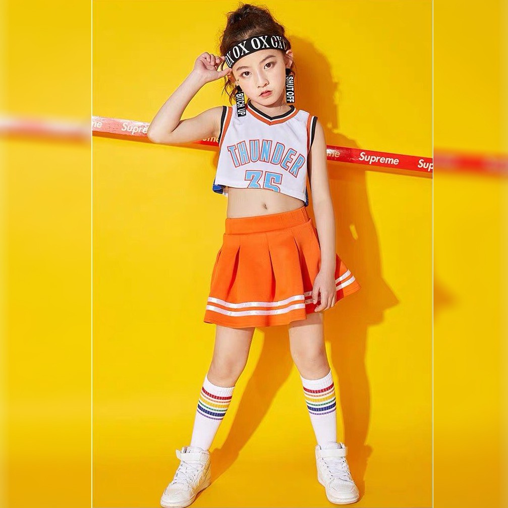 Trang phục nhảy hiện đại trẻ em - Set chân váy cam phối áo Crop Thunder 35