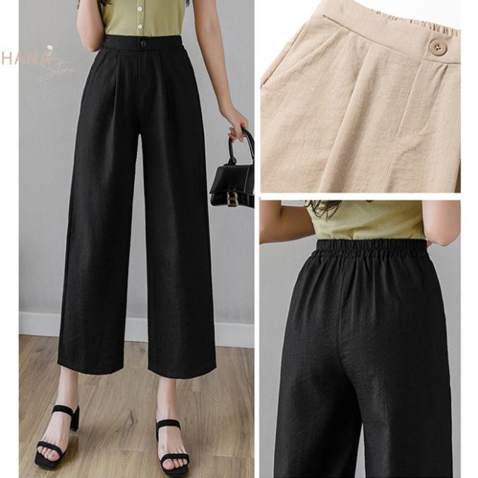 Quần đũi ống rộng dài 85 cm dáng lửng nữ ống suông - Lưng thun cạp chun khoá thật - màu Đen Trắng - Chất vải đũi | BigBuy360 - bigbuy360.vn