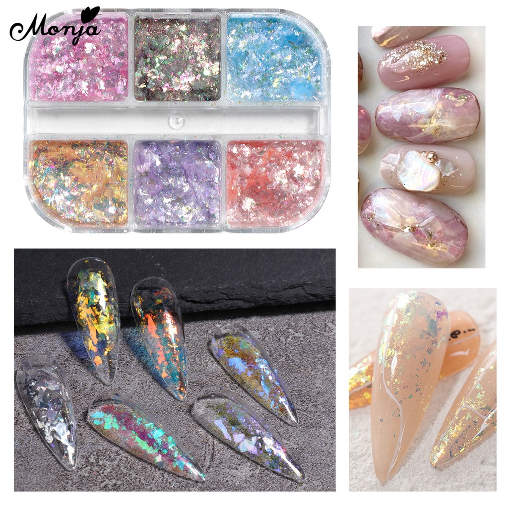 [Hàng mới về] Hộp bột kim tuyến Monja 6 màu sắc lấp lánh dùng trang trí móng tay