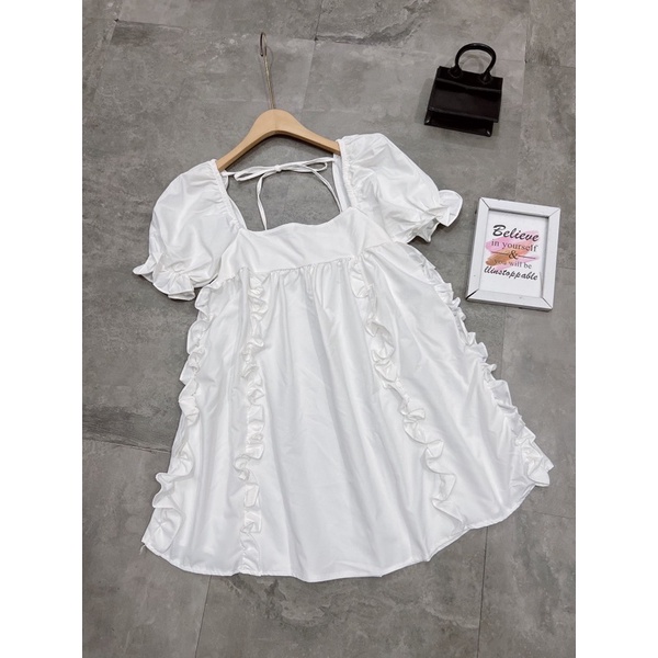 Váy Trắng Tiểu Thư Bánh Bèo - Đầm Babydoll Viền Bèo Hở Lưng Siêu Xinh