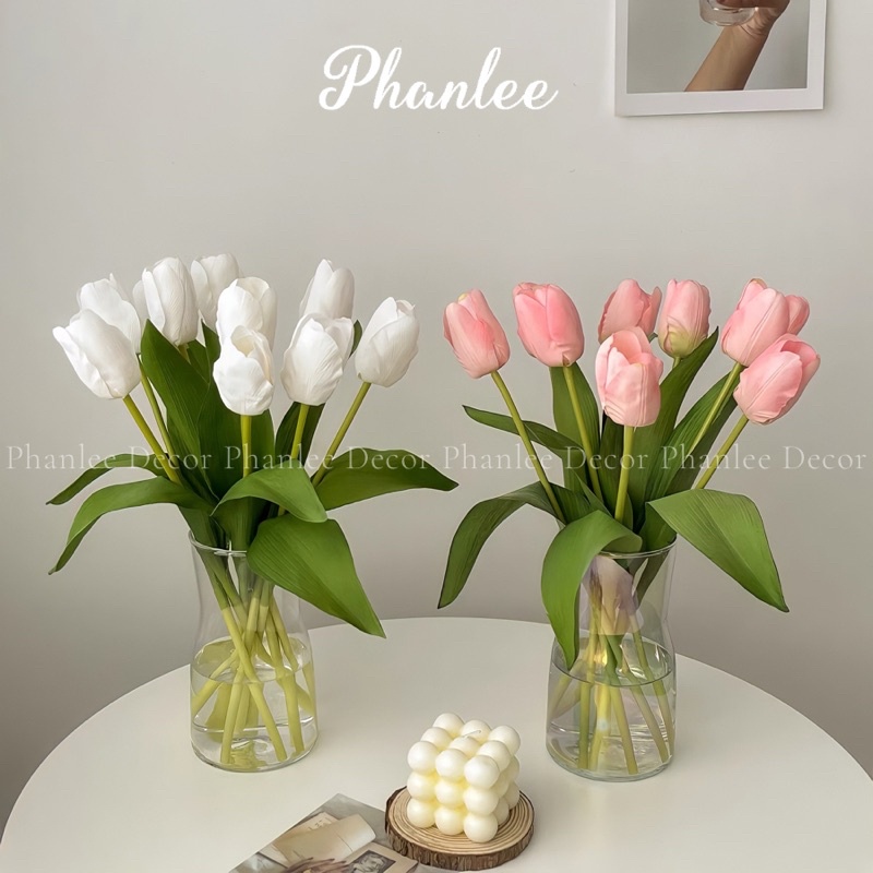Hoa giả decor - Hoa tulip giả 1 bông trang trí phòng để bàn Phanlee chất liệu lụa cao cấp giống thật làm hoa cưới
