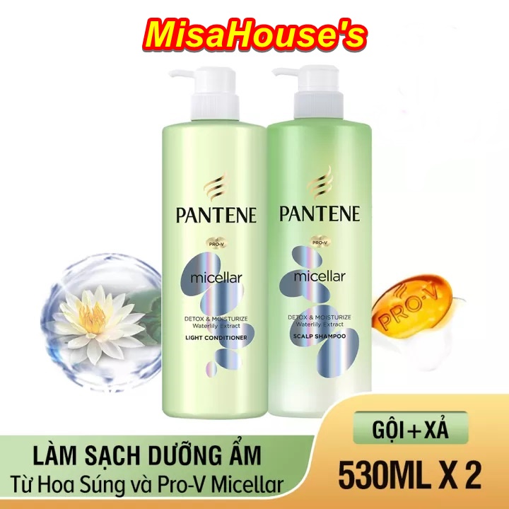 Combo Dầu Gội và Dầu Xả PANTENE MICELLAR chai 530ml Tảo Biển / Hoa Súng / Hoa Hồng