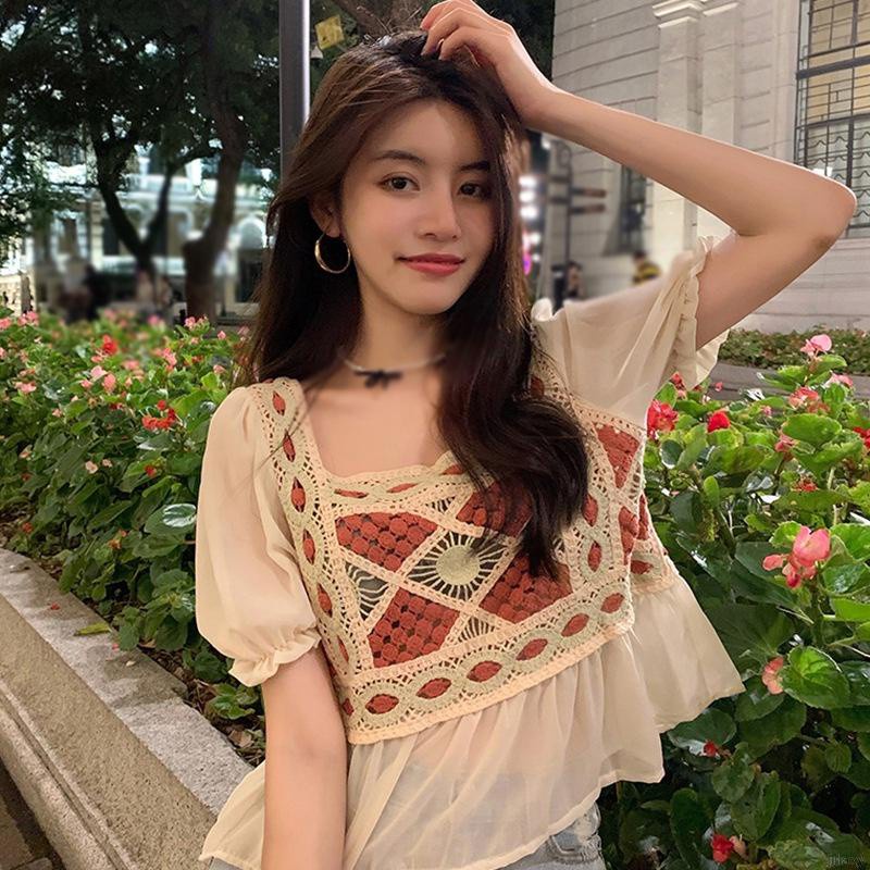 Áo Sơ Mi Tay Ngắn Phồng Thêu Họa Tiết Phong Cách Hàn Quốc Cổ Điển Thời Trang Mùa Hè Cho Nữ