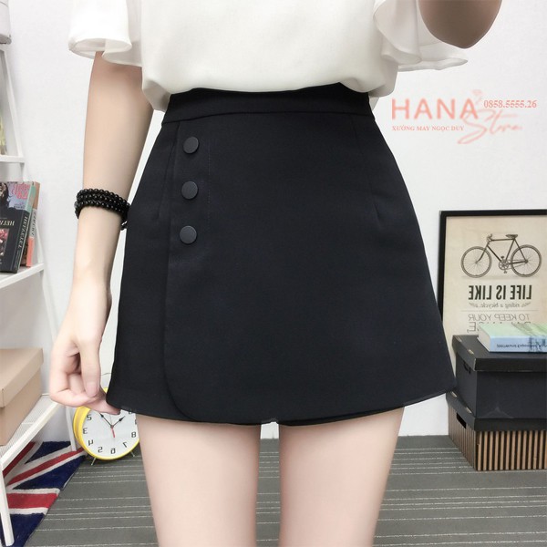 Quần giả váy ngắn chũ A màu đen ôm vạt chéo phối 3 cúc bấm - Kiểu chân váy ngắn dáng chữ A vải - Mặc đi làm công sở học | BigBuy360 - bigbuy360.vn