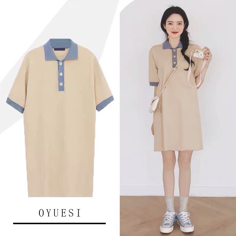 Đầm Polo Nữ Suông Màu Be 🦋 Váy Nữ Cổ Bẻ Phối Màu Cộc Tay Chất Cotton 🦋 | BigBuy360 - bigbuy360.vn