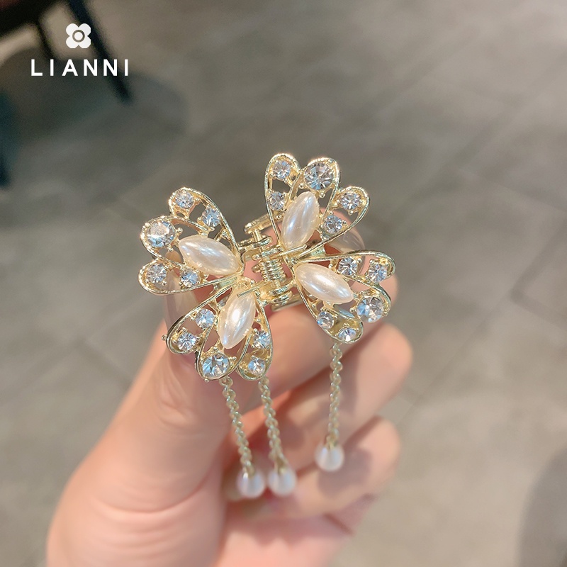 Kẹp Tóc Kim Loại Hình Bướm Đính Đá Và Ngọc Trai Phong Cách Hàn Quốc