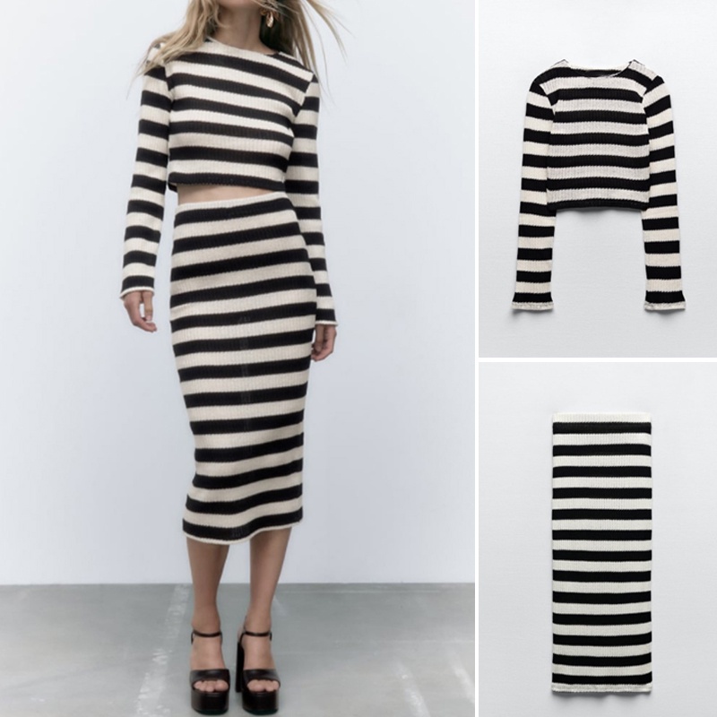 ZARA Set Áo Thun Cổ Tròn Dài Tay + Chân Váy Họa Tiết Sọc Thời Trang Dành Cho Nữ 2298471 2298470