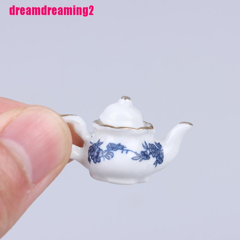 Ấm Trà Họa Tiết Hoa Xanh Dương Dùng Trang Trí Búp Bê