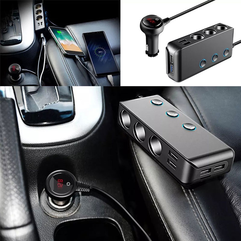 Bộ chuyển đổi nguồn điện trên ô tô 12 / 24V sạc nhanh 4 cổng USB Bật lửa thuốc lá