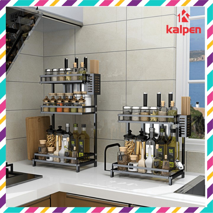 Kệ gia vị đa năng để đồ nhà bếp thép không rỉ sơn tĩnh điện 2 tầng 3 tầng có ống cắm đũa và giá để thớt