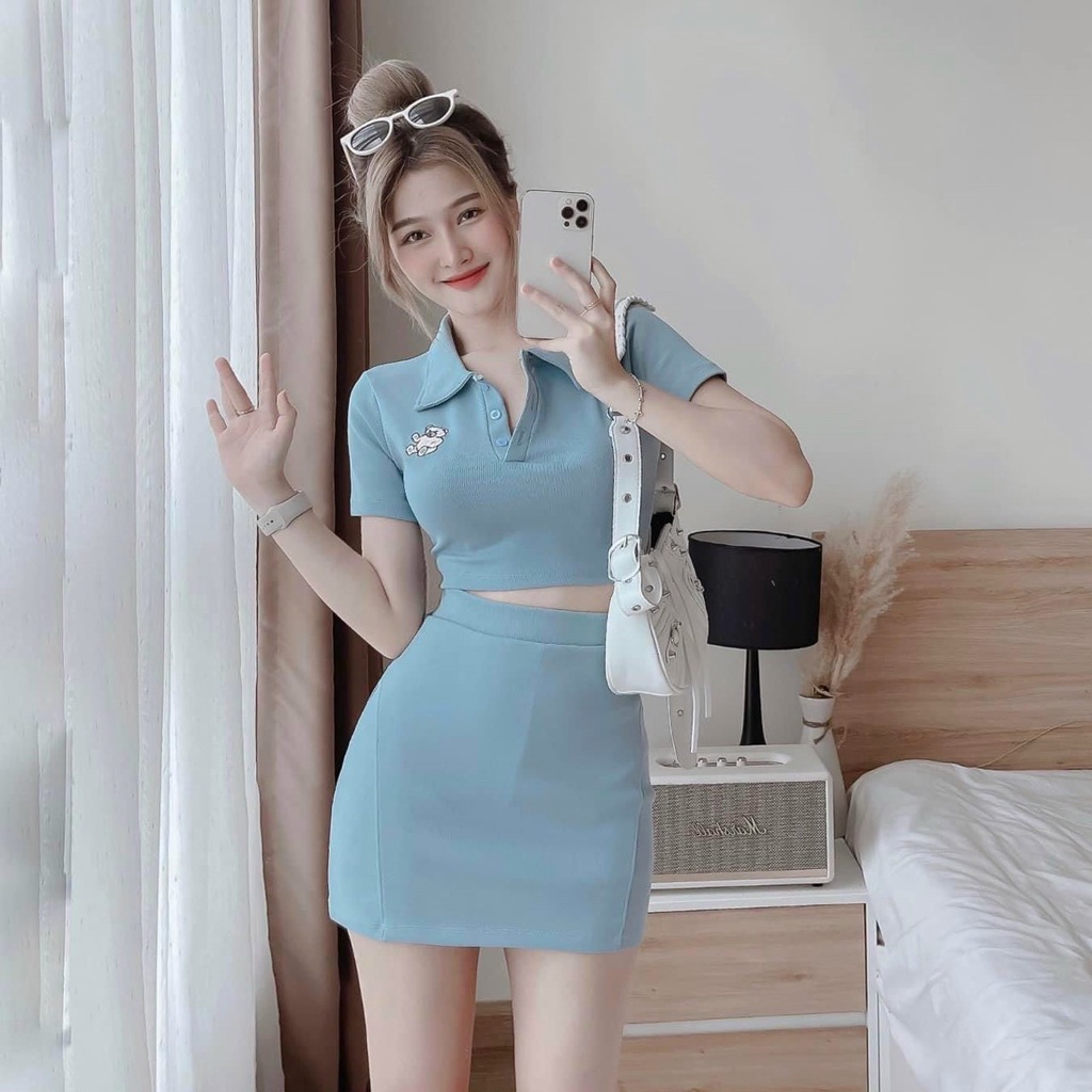 Set váy áo croptop cổ sơ mi, set 2 món chân váy ôm body kèm áo kiểu nữ croptop ngắn tay dễ thương nhẹ nhàng