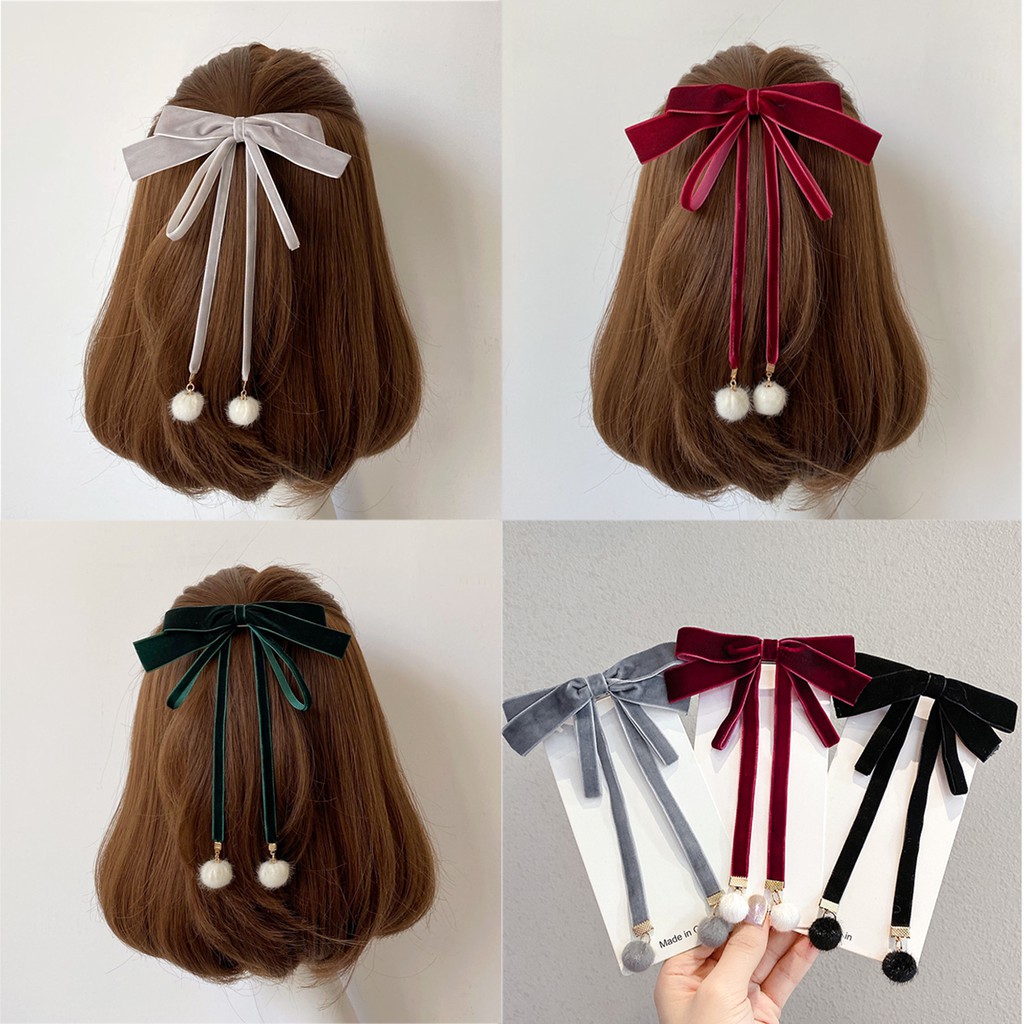 K115 Kẹp tóc nơ bấm vải nhung đính bông tròn