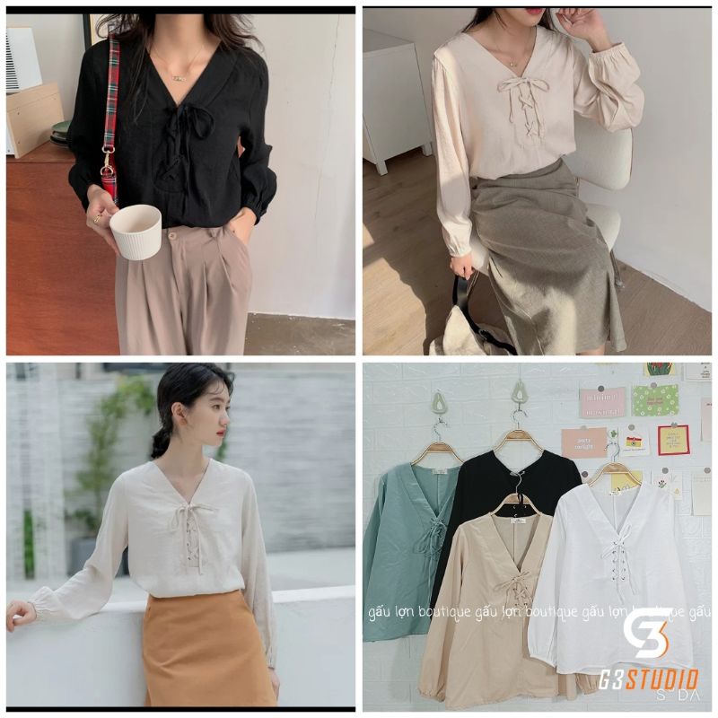 áo sơ mi kiểu cổ v đan dây ngực vintage hàn quốc