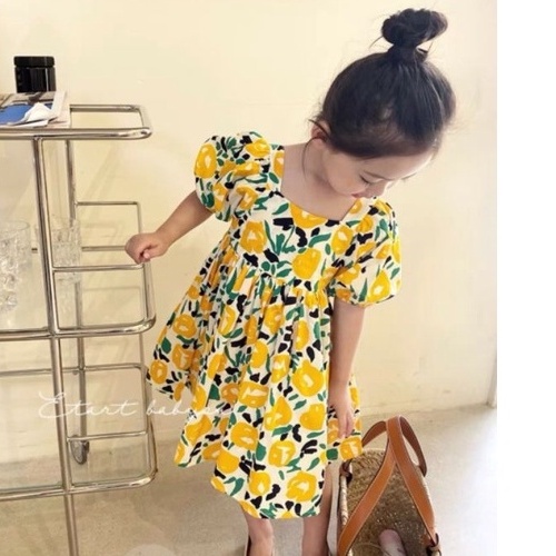 Váy hè bé gái - Váy hoa 2 màu đan dây chéo sau lưng tay bồng siêu xinh cho bé 1-5 Tuổi