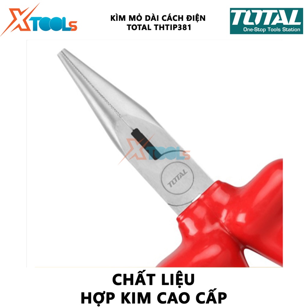 Kìm mỏ dài cách điện TOTAL THTIP381 | kềm cách điện Độ cách điện 1000V, Tay cầm bọc nhựa cách điện, Mũi kìm được làm bằn