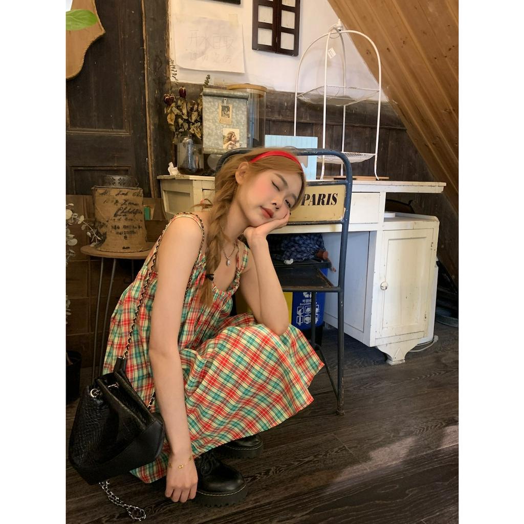 Porozi Đầm Hai Dây Hở Lưng Họa Tiết Sọc Caro Dễ Thương Phong Cách Hàn Quốc Cho Bé Gái