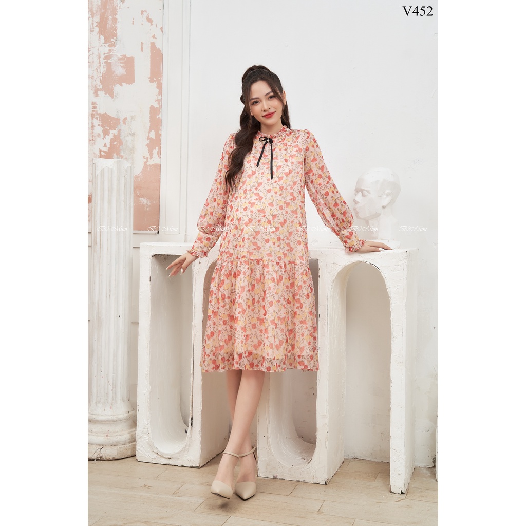 Váy bầu hoa dài tay cổ bèo nơ cổ B2 MUM - V452