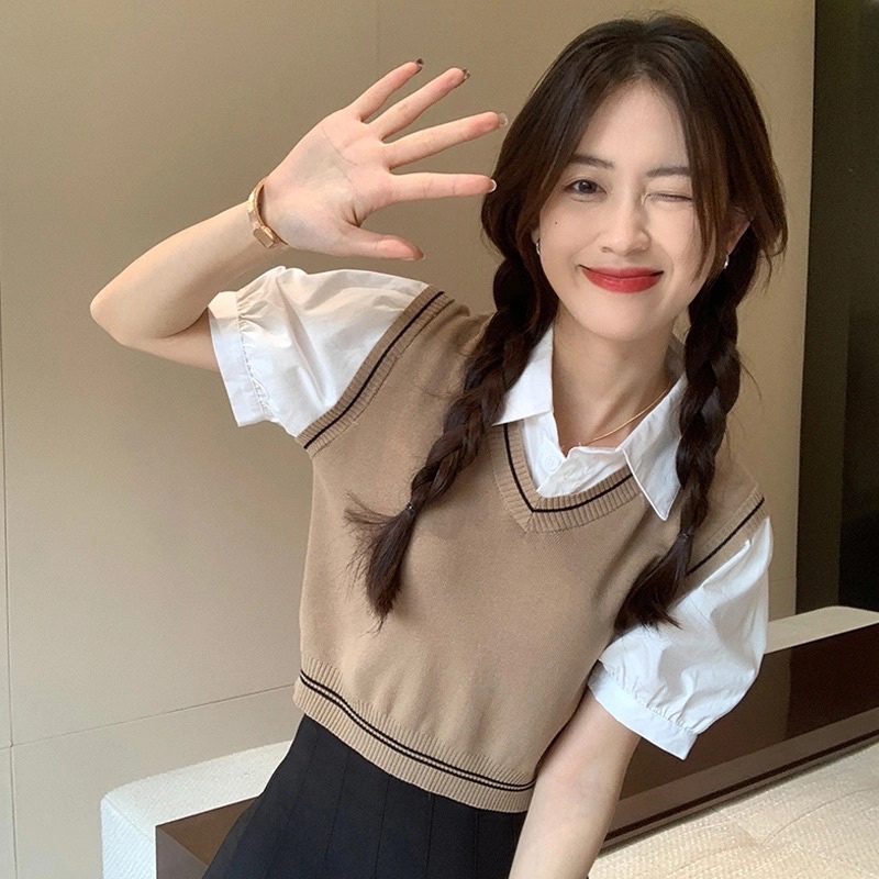 Set Áo Gile Nữ Cổ V Màu Nâu Be Trắng Ghi Đen Không Tay Sát Nách Dáng Ngắn Ôm Phong Cách Hàn Quốc Loại 1 Có Logo Thêu