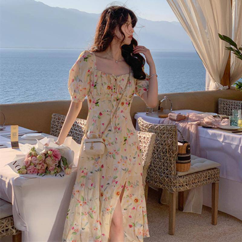 Đầm Tay Ngắn Phồng Cổ Vuông Họa Tiết Hoa Phong Cách Retro Pháp Mới Cho Nữ