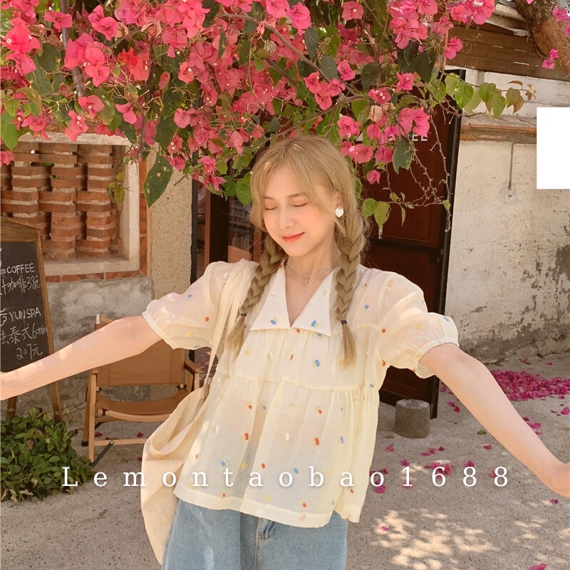 Áo chiffon tay ngắn cổ bẻ chữ V họa tiết dễ thương mùa hè