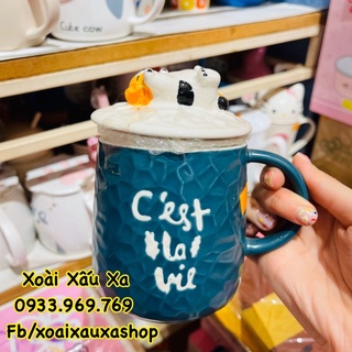 Ly sứ uống nước nắp đậy hình chú mèo siêu dễ thương