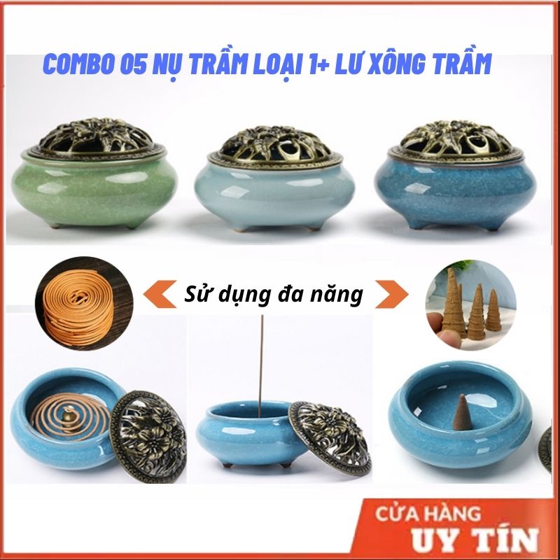 Lư xông trầm hương GỐM SỨ+ 5 nụ trầm LOẠI 1, dụng cụ đốt hoặc xông nụ trầm hương