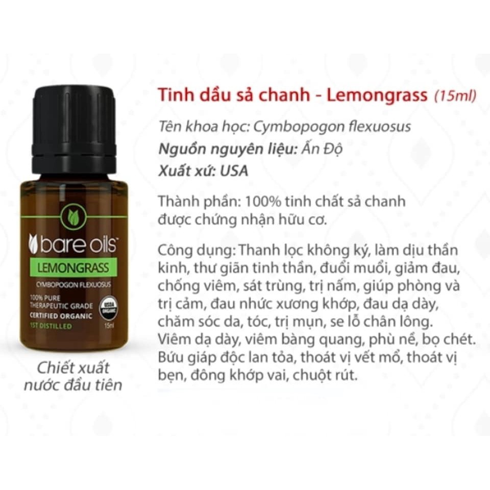 [MADE IN USA] Tinh dầu Sả Chanh - Lemongrass Essential Oil (Tinh dầu hữu cơ Bare Oils - USDA Organic) 15ml