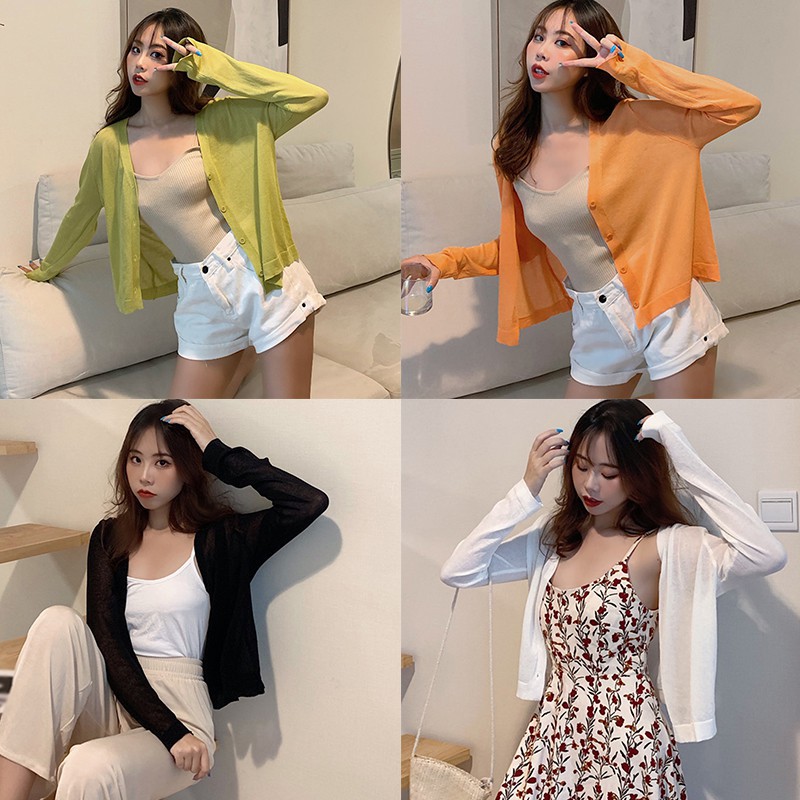 Áo Khoác Cardigan Dệt Kim Mỏng Tay Dài Cổ Chữ V Thiết Kế Xinh Xắn Cho Nữ